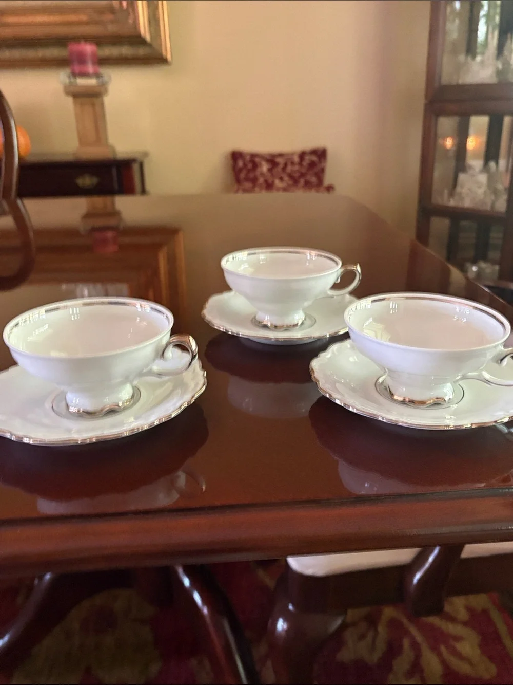 Estate Symphony Fine White Porcelain Tea Cup and Saucer Set with Silver Trim